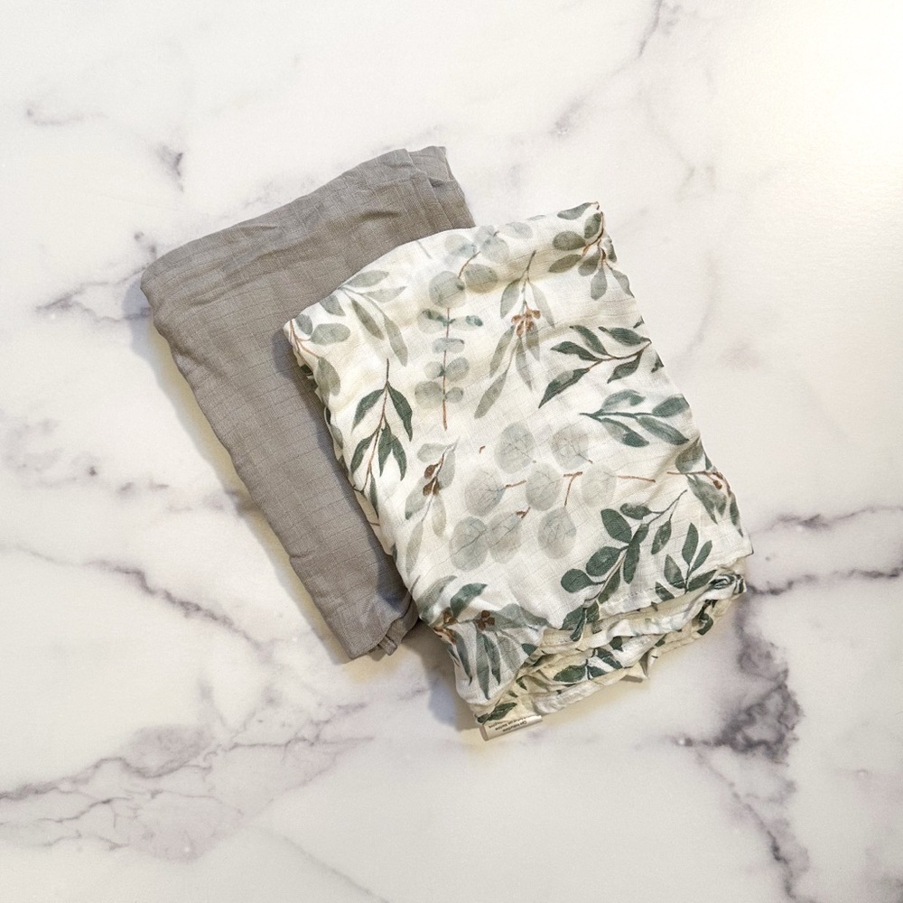 Sage Green and Botanical Muslin Baby Swaddle Blankets